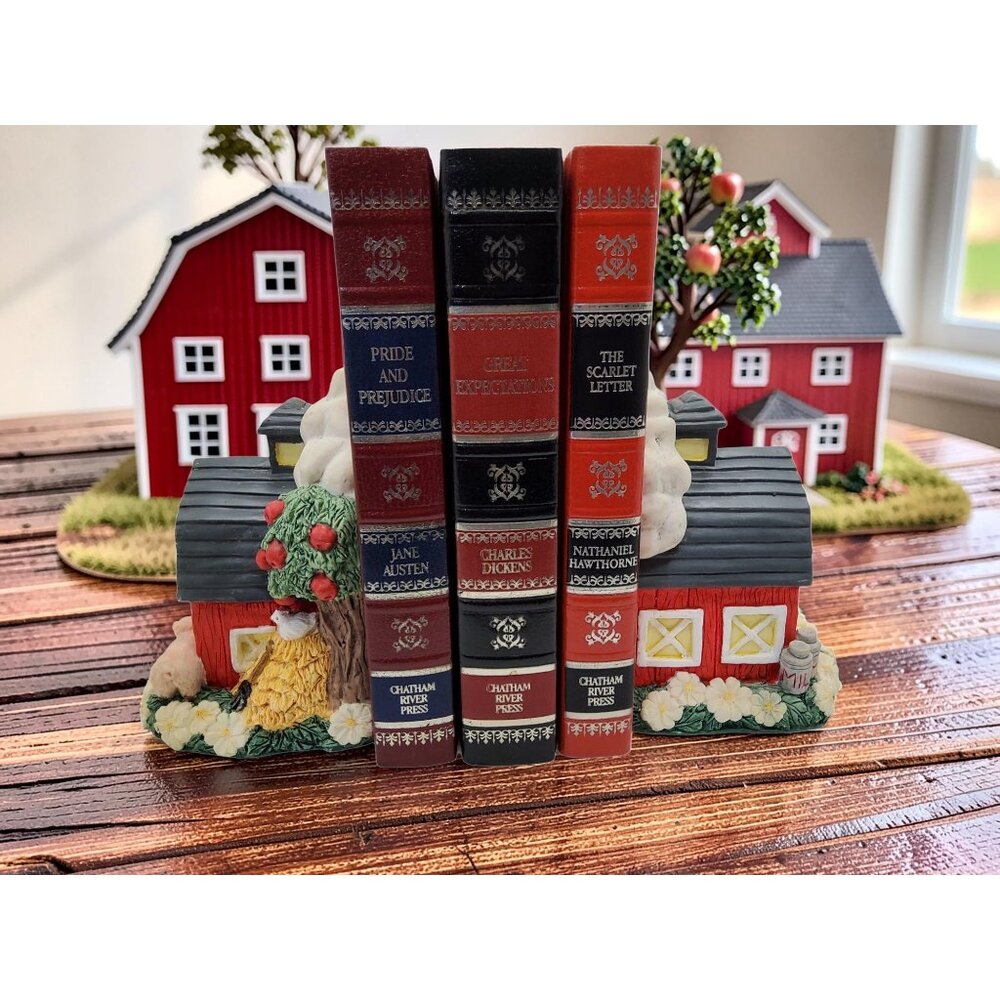 vintage youngs heavy resin red barn farm animals vibrant colors bookends.